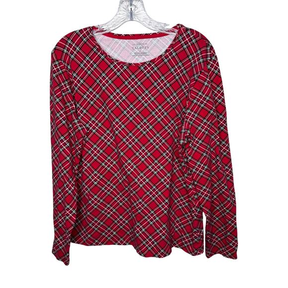 Talbots XL Red Plaid Long Sleeve Stretch Tee Cotton Blend Holiday Top - Picture 1 of 6